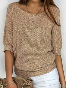 Sudadera holgada de unicolor para mujer talla grande, primavera/verano - Caqui - Ver 1