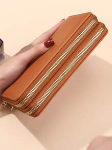 Women's Fashion Double Zipper Long Clutch Wallet Minimalist Embossed Leather Design Large Capacity Double Layer For Women Wallet Mini Wallet Purse Wallet Long Wallet Wristlet Wallet Wallet