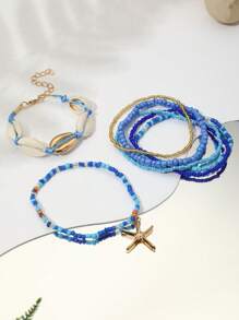 7pcs/Set Boho Style Shell Beaded Bracelet With Starfish Charm, Random Color Bead Mix, Women Bracelet Set - Blue - View 7