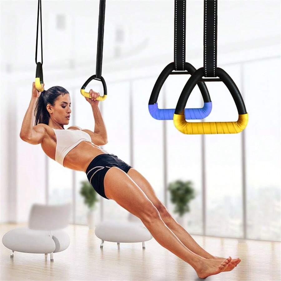 Adjustable Fitness Gymnastic Ring Set Nylon Strap Handle Pull-Up Tension Belt Stretching Gymnastics Ring Home Gym Non-Slip Shoulder Straps Home Workouts Strength Training Fitness Equipment
