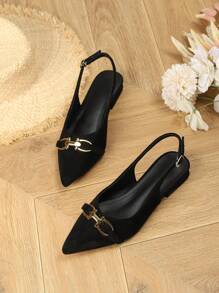 女士新款时尚舒适优雅尖头无后跟绑带粗跟一脚蹬高跟鞋，搭配连衣裙更显身材 - 黑色 - 查看 6