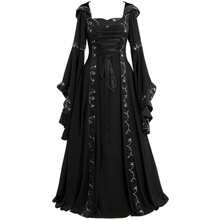 European And American Medieval Retro Hooded Square Neck Solid Color Lace Trumpet Sleeve Large Swing Dress Halloween, Party Dress