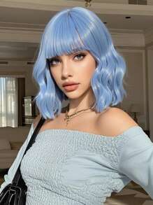 Short Bob Wigs With Bangs For Women Loose Wavy Wig Curly Wavy Shoulder Length Bob Synthetic Cosplay Wig For Girl Colorful Costume Wigs (Light Blue Wig)