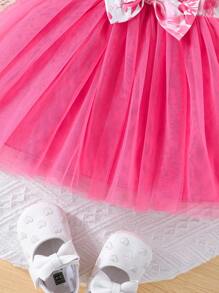 Baby Girls' Cute Ruffled Sleeve Bowknot Mesh Overlay Dress, Summer - Pink - View 6
