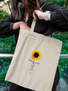 Ecobag Bag 100% Cotton Printed Jesus And Sunflower Summer Beach Vibe - Màu be - Xem 2