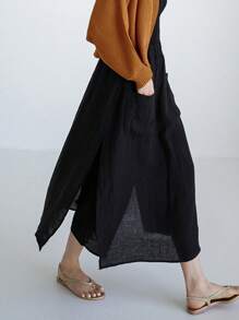 Women's Wide Leg Linen Capri Pants Multi-pockets Loose Fit Fake-two Piece Culotes - Negro - Ver 4