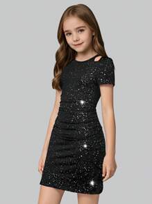 Tween Girls' Fitted Sparkling Elegant Party Dress - Black - View 2