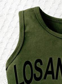 2pcs/Set Young Girl Fashion Summer Outfit, Toddler/Young Kid Letter Print Round Neck Sleeveless Top + Elastic Waist Pleated Skirt Set, Military Green Casual Streetwear Lightweight Breathable Summer Uniform For Elementary School Students