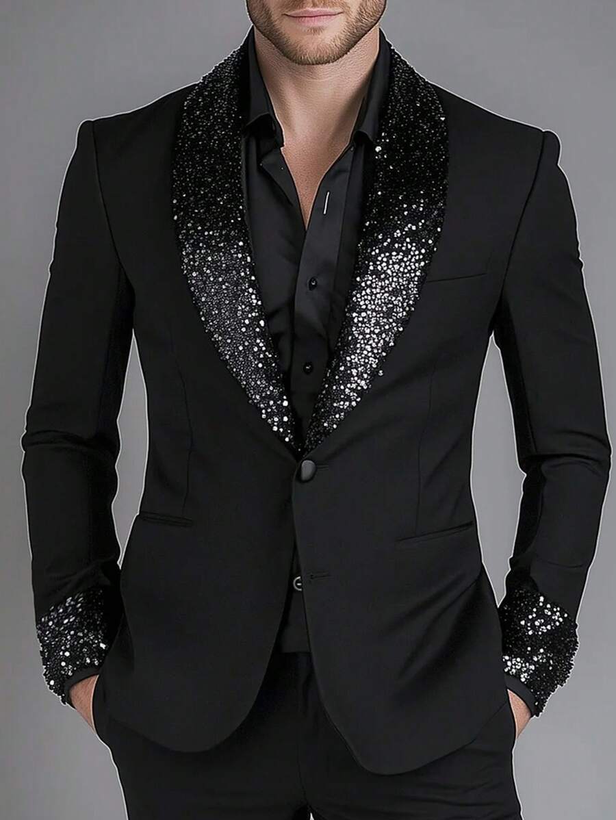 Shawl Lapel Sequin Patchwork One Button Blazer - Black - View 1
