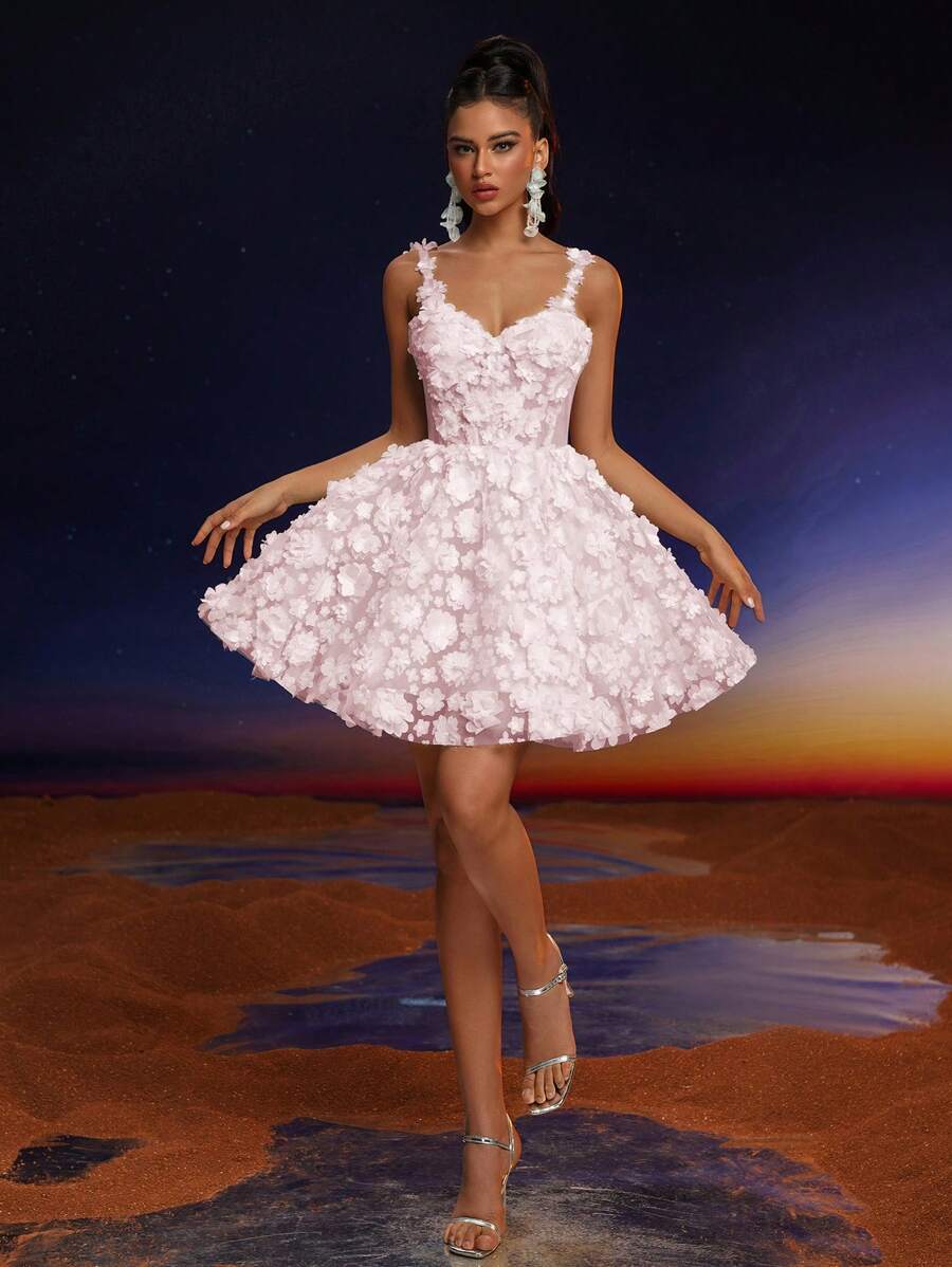 Anymoon Elegant Shoulder Strap Lace Applique Prom Dress, Party Dress - Pink - View 1