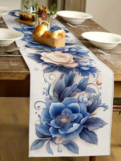 1 peça Caminho de Mesa com Padrão Floral Azul, Estilo Moderno, Caminho de Mesa de Decoração para Casa para Uso Diário, Artigos para Festas Internas e Externas, Decoração de Quarto, Adequado para Decoração de Cozinha e Decoração de Eventos Diários