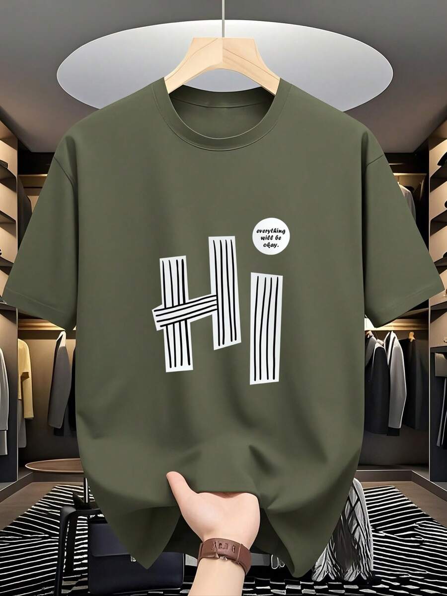 Áo thun nam cổ tròn tay ngắn in khẩu hiệu thường ngày - xanh quân đội - Xem 1