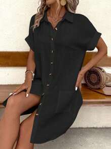 Women's Summer Mini Dress Short Sleeve Lapel Collar Button Down Shirt Dresses With Pockets - 黑色 - 查看 2