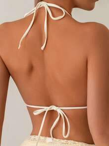 3pcs Lace Mesh Set - Halter Tie Up Ruched Mini Skirt For Beach, Holiday, Party, Camping, Bikini - Apricot - View 5