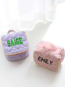 1pc Embroidered Name Cosmetic Bag, Cute Heart-Shaped Customized Makeup Pouch, Sanitary Pad Storage Bag, Travel Makeup Bag, Personalized Storage Pouch, Makeup Bag, Multifunctional Travel Accessory, Space-Saving, Formal, Stripe Exquisite, Fashion, Tidy, Minimalist, Casual, Basic Style, Unique Gift Idea, Ideal Gift For Girlfriend, Family, Friend On Anniversary - Multicolor - View 3