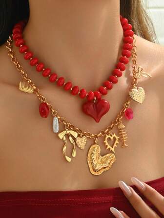 1pc Exaggerated Sexy Layered Necklace With Red Heart Resin Beads, Natural Stones, Golden Bow Pendant, Faux Pearl, Star & Moon Charms. Suitable For Parties, Weddings, Holidays, And As A Gift