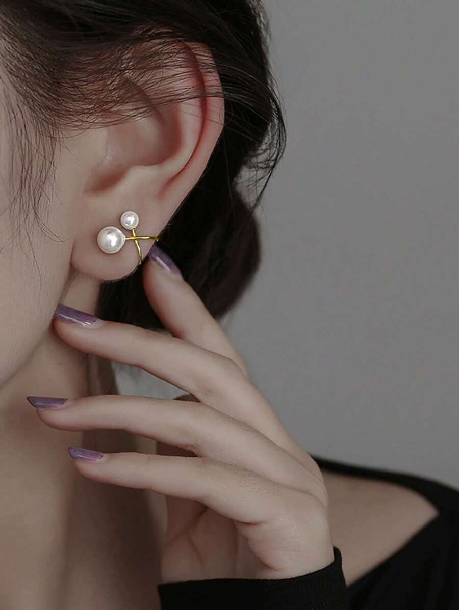 1 Pair Simple And Elegant Faux Pearl Clip-On Earrings, Fashion And Versatile, Suitable For Women To Wear For Holidays And Everyday - Cross - View 1
