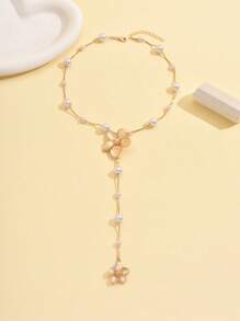 1件简约甜美Y字形项链，仿珍珠金属花朵吊坠长项链，女士金色时尚首饰，适合夏季派对、度假、日常佩戴 - 金色 - 查看 3