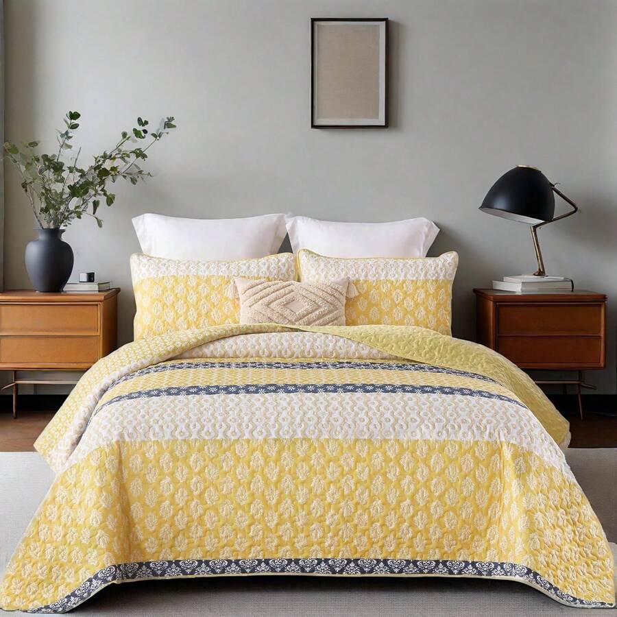 3 Pieces Yellow Boho Quilt Set Queen King Size Striped Paisley Quilt Bedspread Coverlet Set Soft Microfiber Lightweight Bedding Set For All Season Home Decor Room Decor Bedroom Decor Bed Comforter Set Mothers Day Gift Wedding Decorations. - Màu vàng - Xem 1