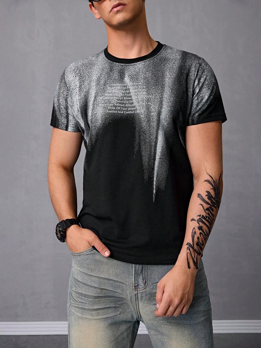 Playera De Manga Corta Impresa Carta De Gradiente Para Hombre - Negro - Ver 1