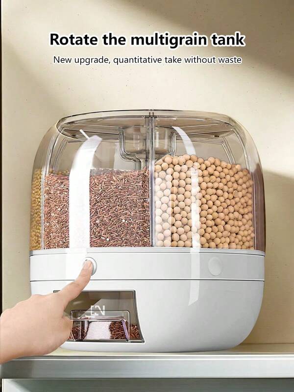 1-Piece Divided Rice Bucket 360° Rotating Multi-Grid Storage Box For Grains And Cereals For Home Use Insect-Proof And Moisture-Proof Sealed Rice Storage Box Lightweight, Button Can Automatically Hold Rice, Grains, Cereals, Flour And Pet Food Plastic Kitchen Storage Container With Measuring Cup