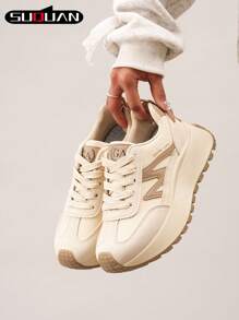 Fashionable, Elegant And Comfortable Thick Sole Casual Sneakers, Retro College Style, Suitable For Women. New Fashionable, Multi-Functional Thick-Soled Platform Sneakers For Spring And Summer - Khaki - View 2