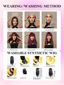 16 Zoll natürlicher Farbverlauf Schwarz Braun mittellanges lockiges Perücke aus hitzebeständiger Synthetikhaar Perücke mit Pony in Acht-Form für Frauen, für den täglichen Gebrauch, Partys, Muttertag, Musikfestivals