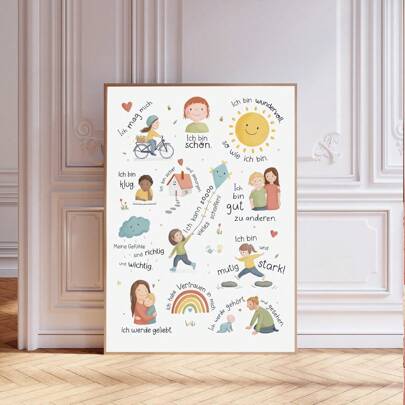 1 pieza, Pintura decorativa enmarcada colgante en lienzo, póster, arte de pared, arte de pared en lienzo motivacional para jóvenes y amigos - Tema de psicología cognitiva, afirmaciones positivas en alemán e inglés, perfecto para dormitorio o decoración del hogar, obra de arte educativa | Arte en lienzo alegre, póster arte de pared