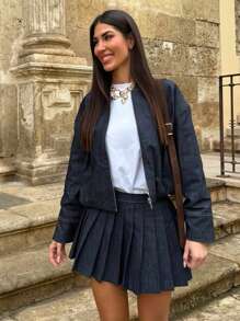 女士牛仔拉链长袖外套，百搭休闲春季款 - 深色水洗藍 - 查看 9