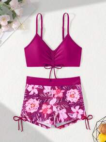 سروال داخلي مطبوع بطبعات زهور خضراء، مناسب لارتداء كجزئين من ملابس السباحة في مناسبات متنوعة