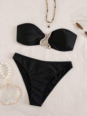 Women's Fashionable Sexy Bandeau Bikini Set, Gold Clips Decor Separates Swimwear For Party & Beach