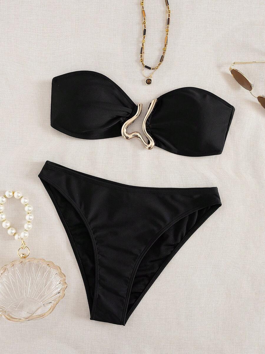 Women's Fashionable Sexy Bandeau Bikini Set, Gold Clips Decor Separates Swimwear For Party & Beach