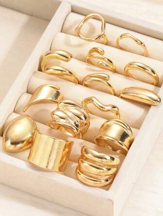 Set de 13 inele elegante din metal, groase, cu formă asimetrică, asemănătoare monedelor, cu linie lichidă geometrică, tip arc, accesorii unisex pentru cupluri, ideale pentru vacanță, petrecere, întâlniri, cadou pentru prieteni, familie, colegi de clasă, asortare de zi cu zi