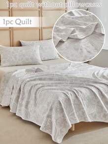 1pc Grey Botanical Floral Pattern Jacquard Polyester Quilt, Modern Style Luxury Bedspread For All Seasons - Grey - View 1