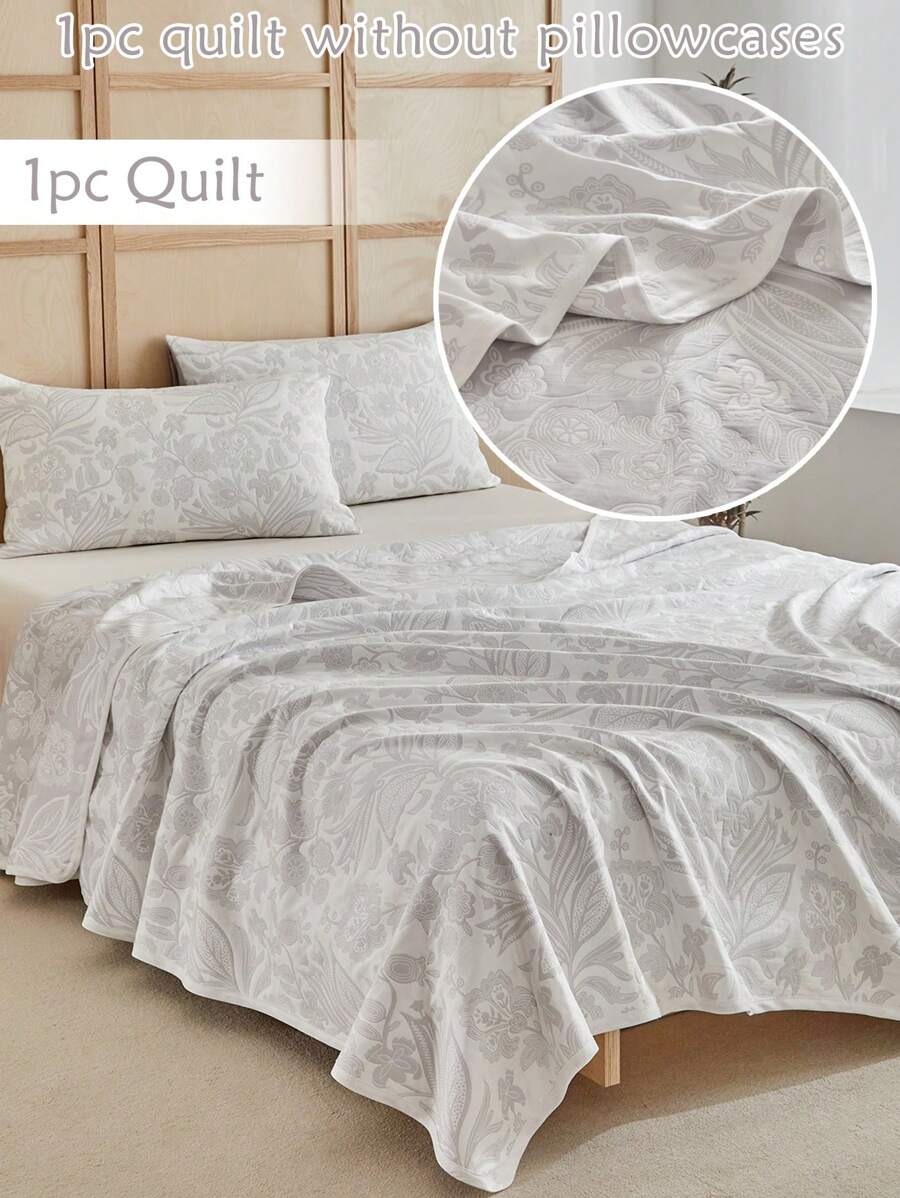 1pc Grey Botanical Floral Pattern Jacquard Polyester Quilt, Modern Style Luxury Bedspread For All Seasons - Grey - View 1