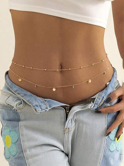 2 piezas de cadena de cintura sexy con cuentas apiladas, cadena de vientre con cuentas y flecos de lentejuelas, ajustable, accesorio de joyería de Body para playa, resort y fiestas para mujeres y niñas