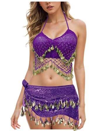Women's Belly Dance Set With Coin-Hanging Lace-Up Top And Coin-Hanging Waist Chain Belly Dance Costume With Backless Beads And Crisp Tassel Bra And Coin-Hanging Waist Chain For Stage Performance Carnival Dance Costume