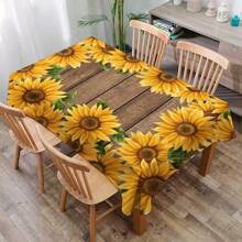 1pc Wood Grain Sunflower Print Tablecloth, Modern Polyester Rectangular & Round Waterproof Tablecloth, Digital Printing Suitable For Living Room, Home, Outdoor Dining Table, Small Round Table - Multicolor - View 13