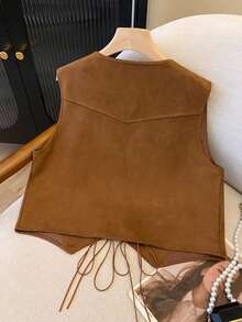 Women's Casual Loose Solid Color Twist-Knot Cropped Tank Top - Brown - View 2