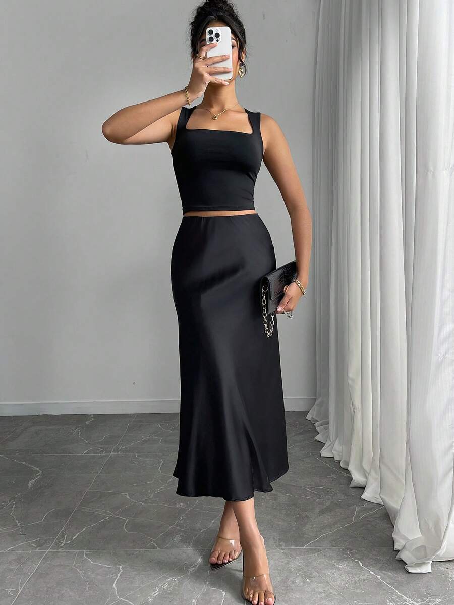 Mobula Sound Spring And Summer Sexy Fitted Mermaid Skirt, Satin Smooth Fabric, Party Skirt, Versatile, Casual Fashionable, Elegant Women Clothing, Drapey Skirt - Black - View 1