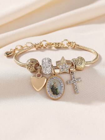 1pc Elegant Classic Vintage Fashion Crystal Cross Star Jesus Virgin Mary Religious Pendant Adjustable Copper Bracelet, Women Gift For Party Casual Banquet Travel Bar Holiday Daily Wear