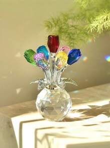 Colorful Rose Flower Crystal Figurine With Vase, Romantic Gifts For Mom On Anniversary Mother's Day Birthday, Handmade Crystal Flower Collectible, Home Table Decor ​For Mother's Day Wedding Anniversary, Home Decorations Mother's Day