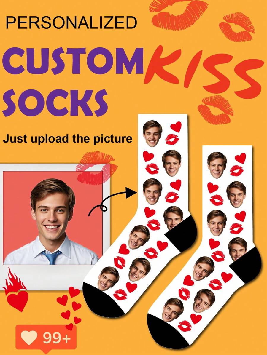 1 Pair Of Customized Crew Socks,Custom Face Socks, Custom Photo Sock, Custom Printed Socks, Personalized Funny Face Socks, Custom Picture Socks, Put Any Face On The Socks, Anniversary Gift, Valentine Gift, Birthday Gift, Wedding Gift, Mother's Day Gift - White - View 1