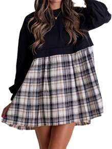 Women Summer Short T-Shirt Dress Long Sleeve Round Neck Plaid Print Patchwork Dress - Black - View 5