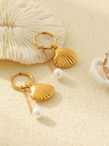 ZIRUISP 1pc Stainless Steel Gold-Color Earrings With Faux Pearl, Starfish, Seashell Decor, Beach Resort Style Jewelry For Women, Summer - Gold - View 4