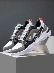 Men's Retro Gray Premium Minimalist Comfortable Low-Top Thick-Sole Shock-Absorbing Casual Sneakers, Streetwear Contrast Color Four Seasons High-Platform Front Lace-Up Outdoor Stylish Chunky Sneakers