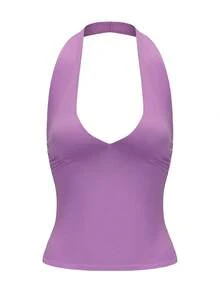 Scoop Neck Plain Crop Tank Top With Side Slit - Purple - View 2