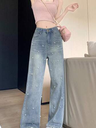 Vintage Solid Color Women Casual Jeans With Pockets