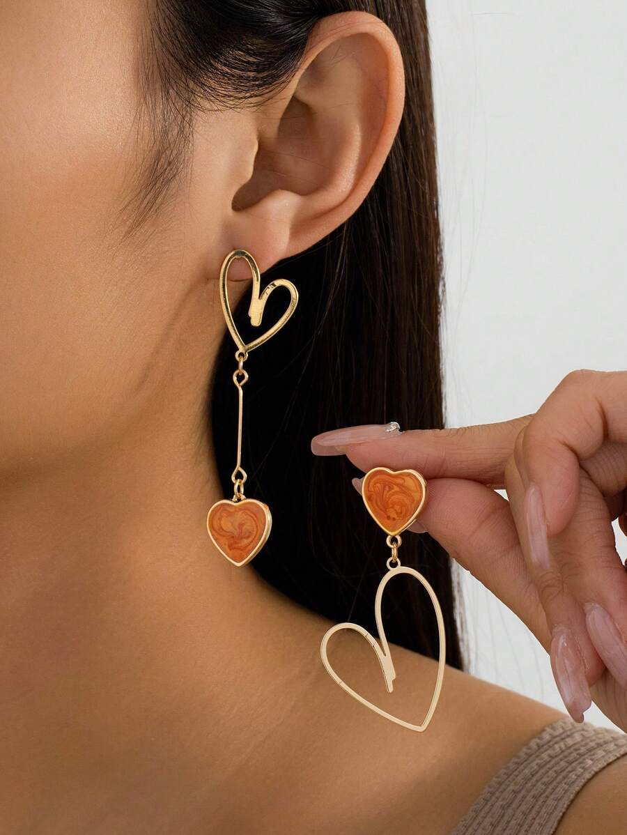 1 Pasang Anting Liontin Hati Asimetris Logam Bergaya, Hadiah Ulang Tahun/Ulang Tahun Pernikahan/Kencan - Jeruk - View 1