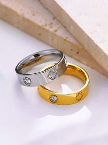 Fashionable Stainless Steel Four-Leaf Clover Zirconia Inlaid Ring, Stylish Jewelry Accessory For Women, Suitable For Elegant Daily Wear And Party Charm, An Ideal Gift